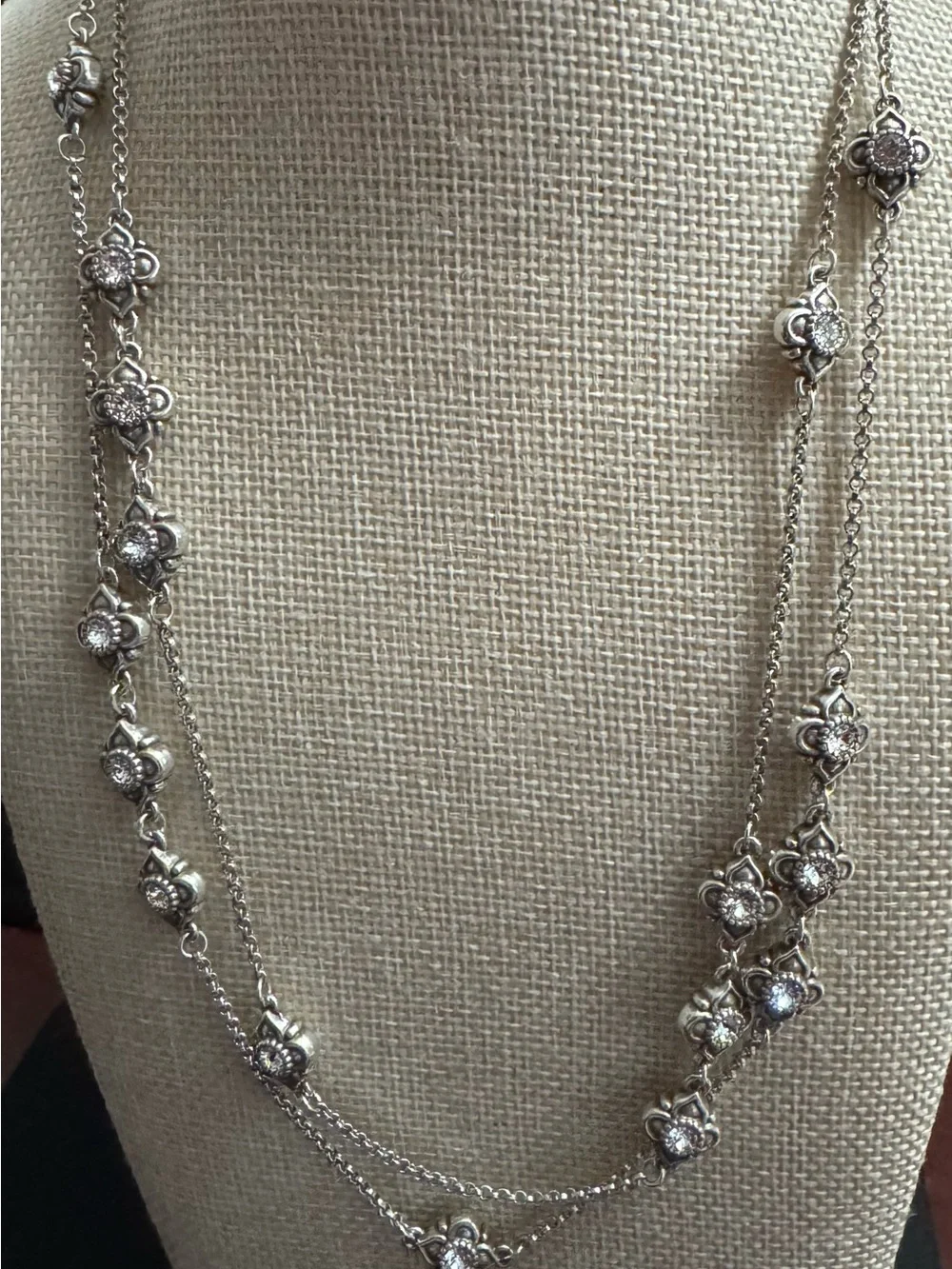 Brighton Silver-tone Sizzling Floral w/CZ Stations 50”Long Necklace